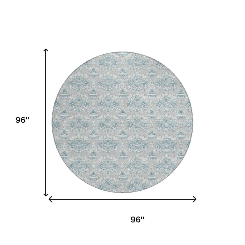 8' Silver And Gray Round Floral Washable Indoor Outdoor Area Rug Homeroots Outdoor
