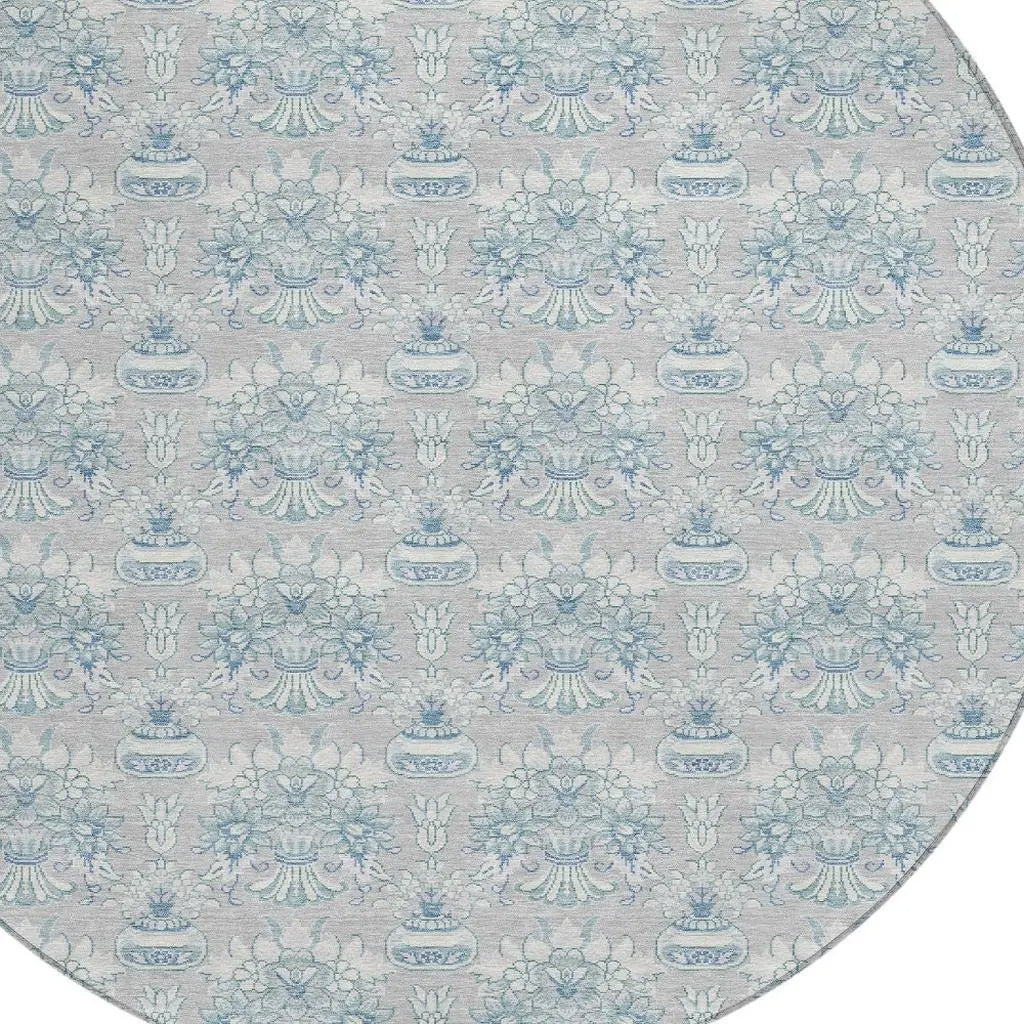 8' Silver And Gray Round Floral Washable Indoor Outdoor Area Rug Homeroots Outdoor