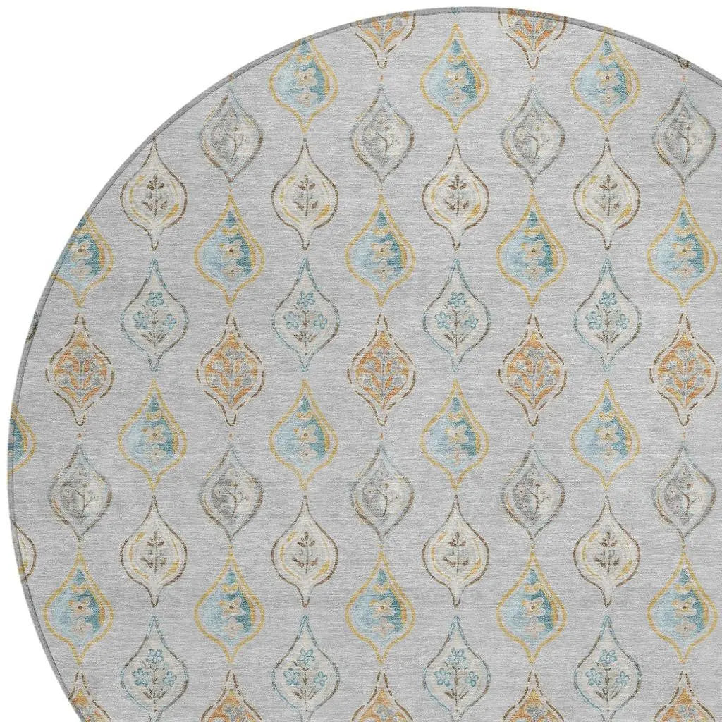 8' Silver And Gray Round Floral Washable Indoor Outdoor Area Rug Homeroots Outdoor