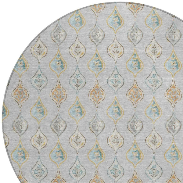 8' Silver And Gray Round Floral Washable Indoor Outdoor Area Rug Homeroots Outdoor