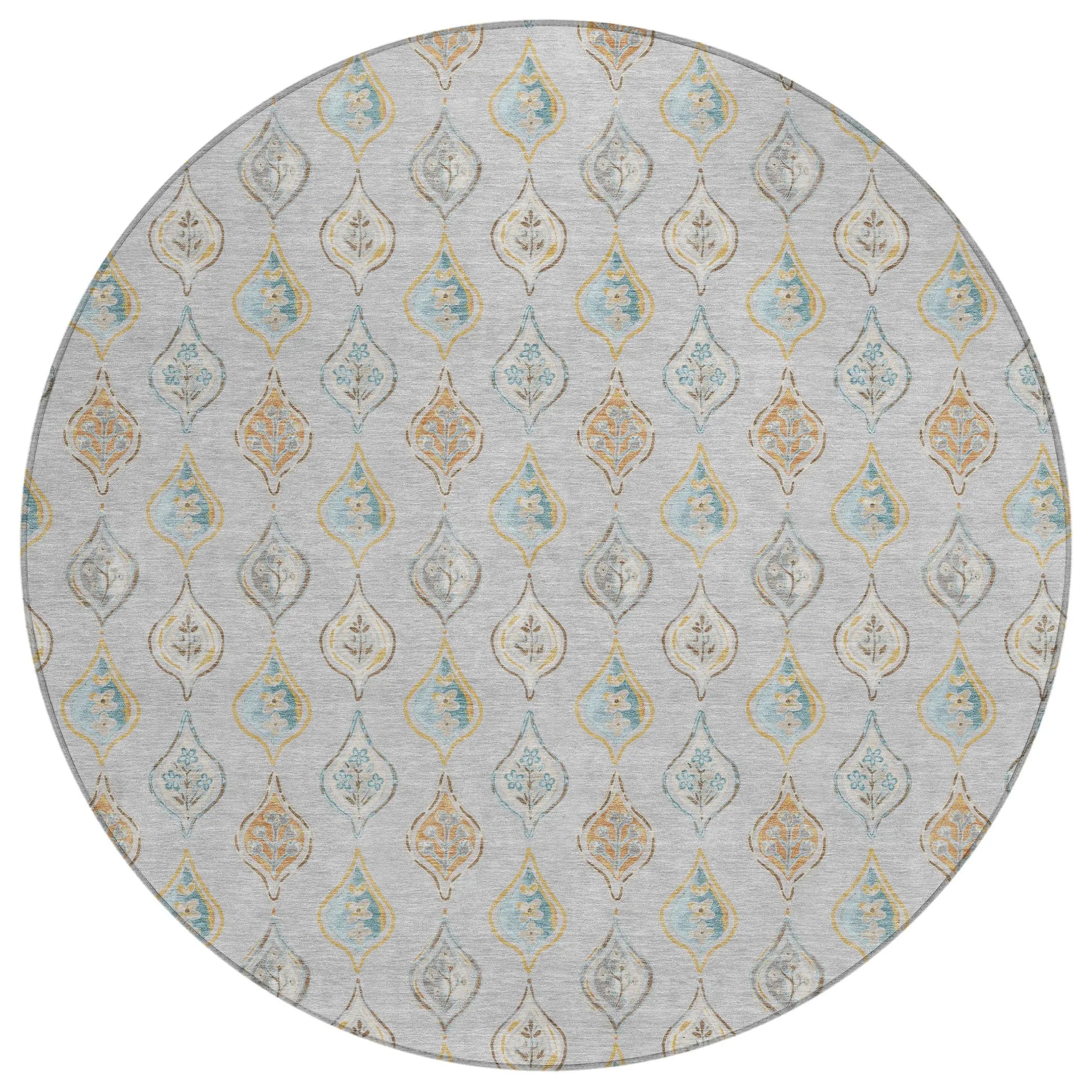 8' Silver And Gray Round Floral Washable Indoor Outdoor Area Rug Homeroots Outdoor