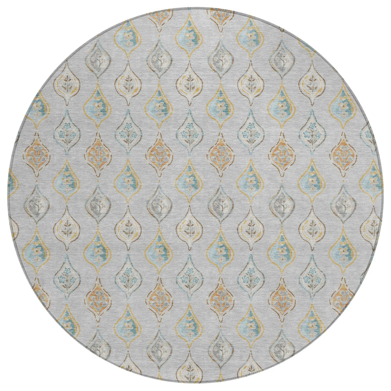 8' Silver And Gray Round Floral Washable Indoor Outdoor Area Rug Homeroots Outdoor