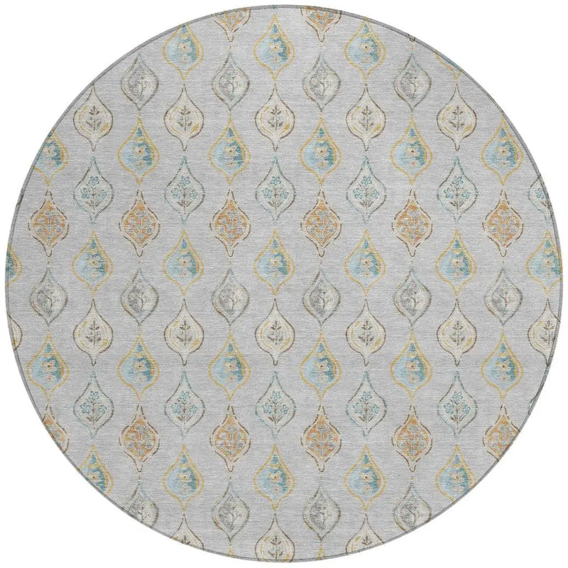 8' Silver And Gray Round Floral Washable Indoor Outdoor Area Rug Homeroots Outdoor