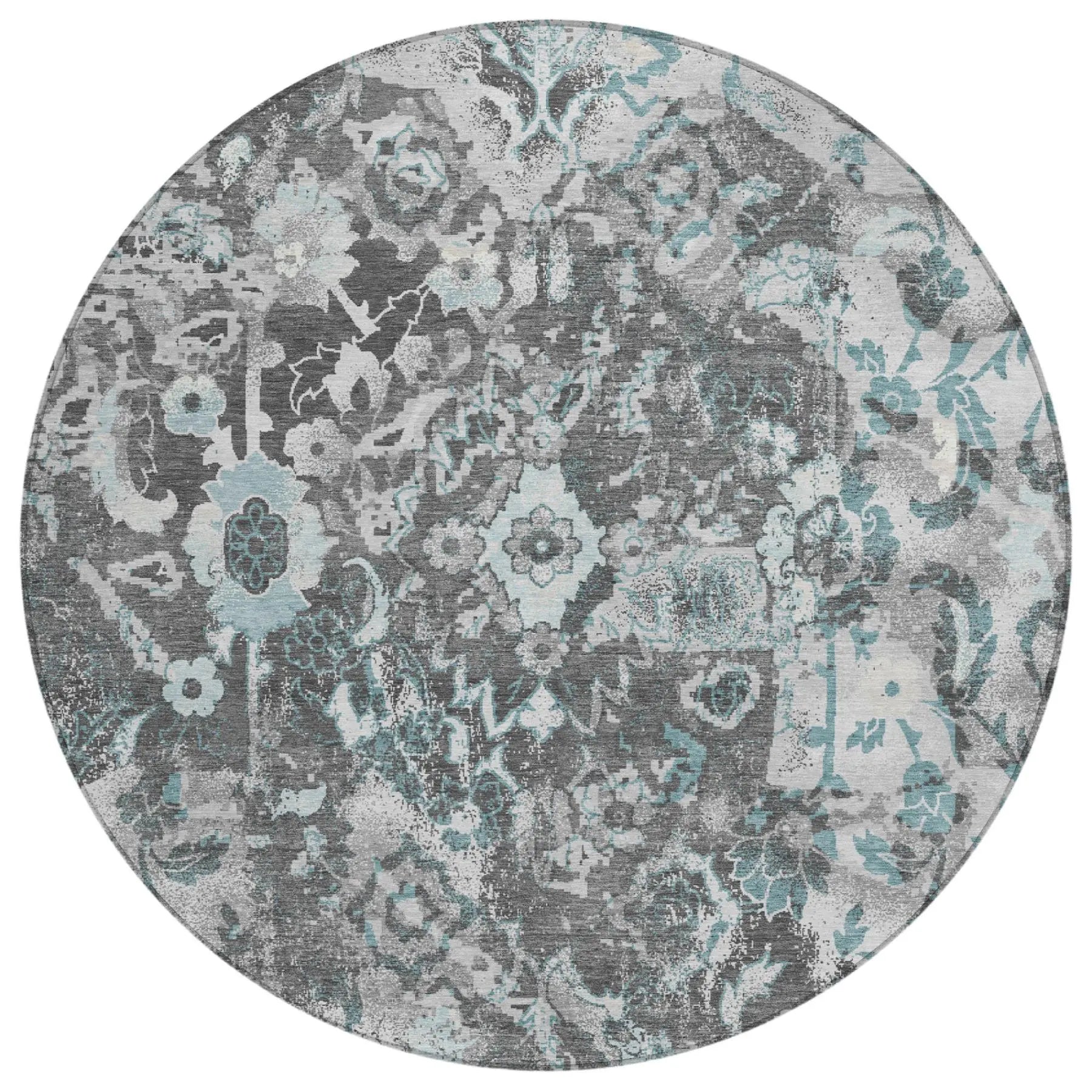 8' Silver And Gray Round Floral Washable Indoor Outdoor Area Rug Homeroots Outdoor