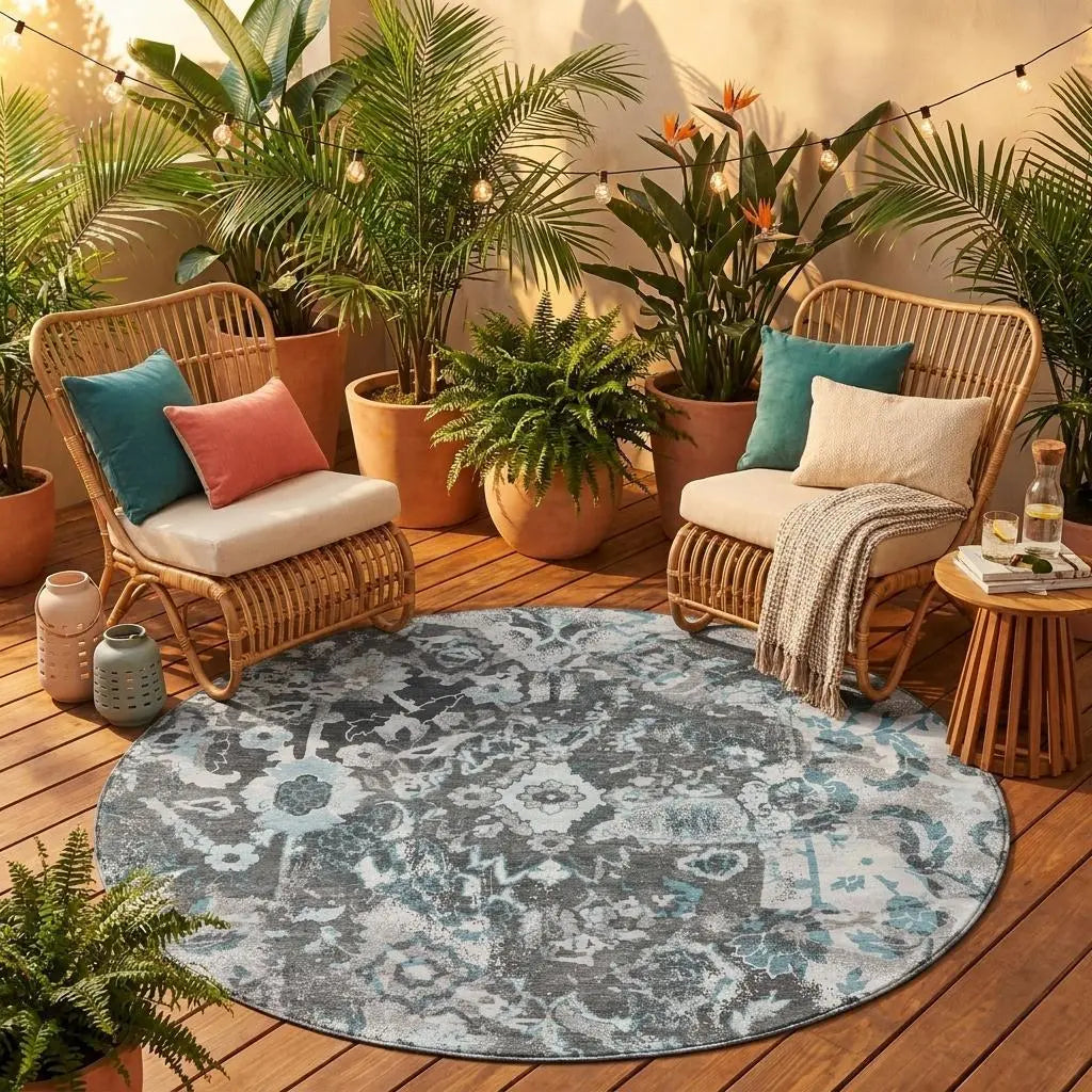 8' Silver And Gray Round Floral Washable Indoor Outdoor Area Rug Homeroots Outdoor