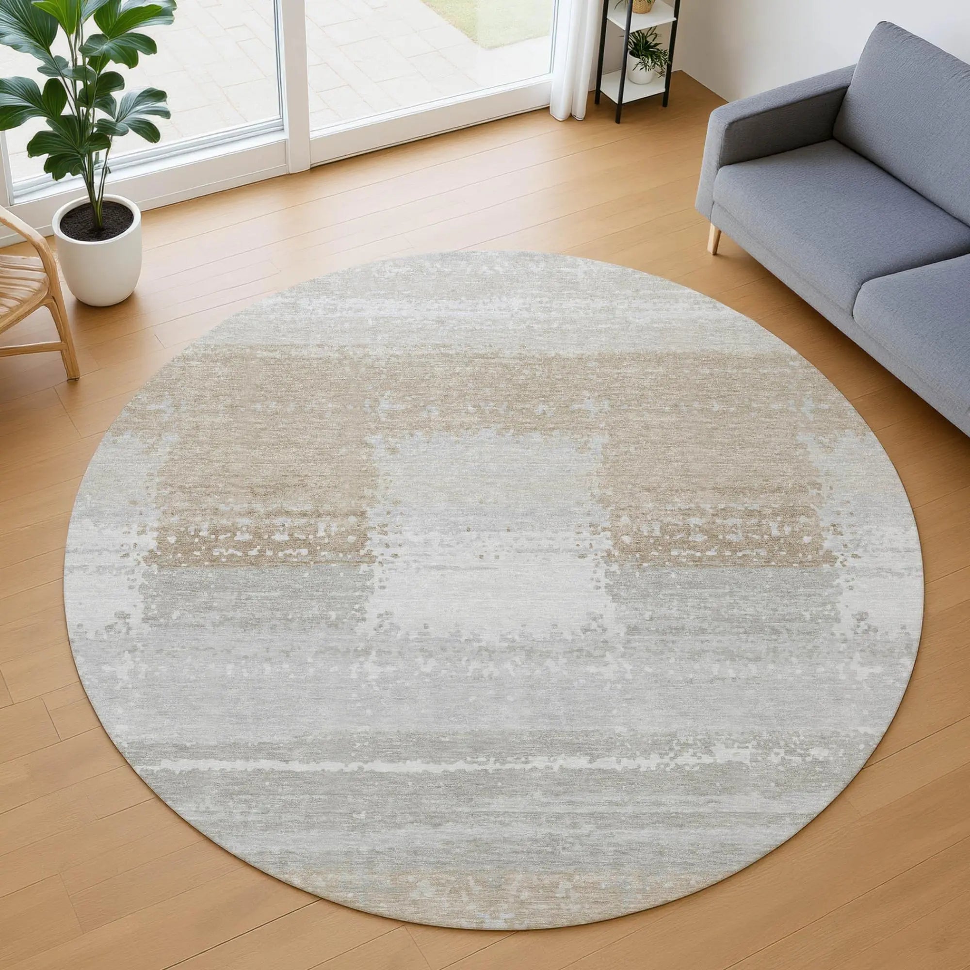 8' Silver And Gray Round Geometric Washable Indoor Outdoor Area Rug Homeroots Outdoor