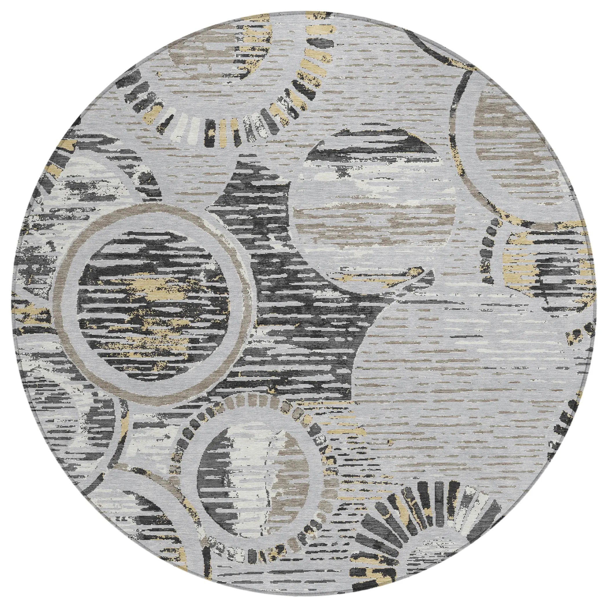8' Silver And Gray Round Geometric Washable Indoor Outdoor Area Rug Homeroots Outdoor