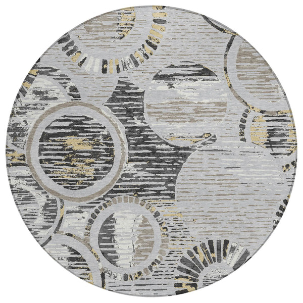 8' Silver And Gray Round Geometric Washable Indoor Outdoor Area Rug Homeroots Outdoor