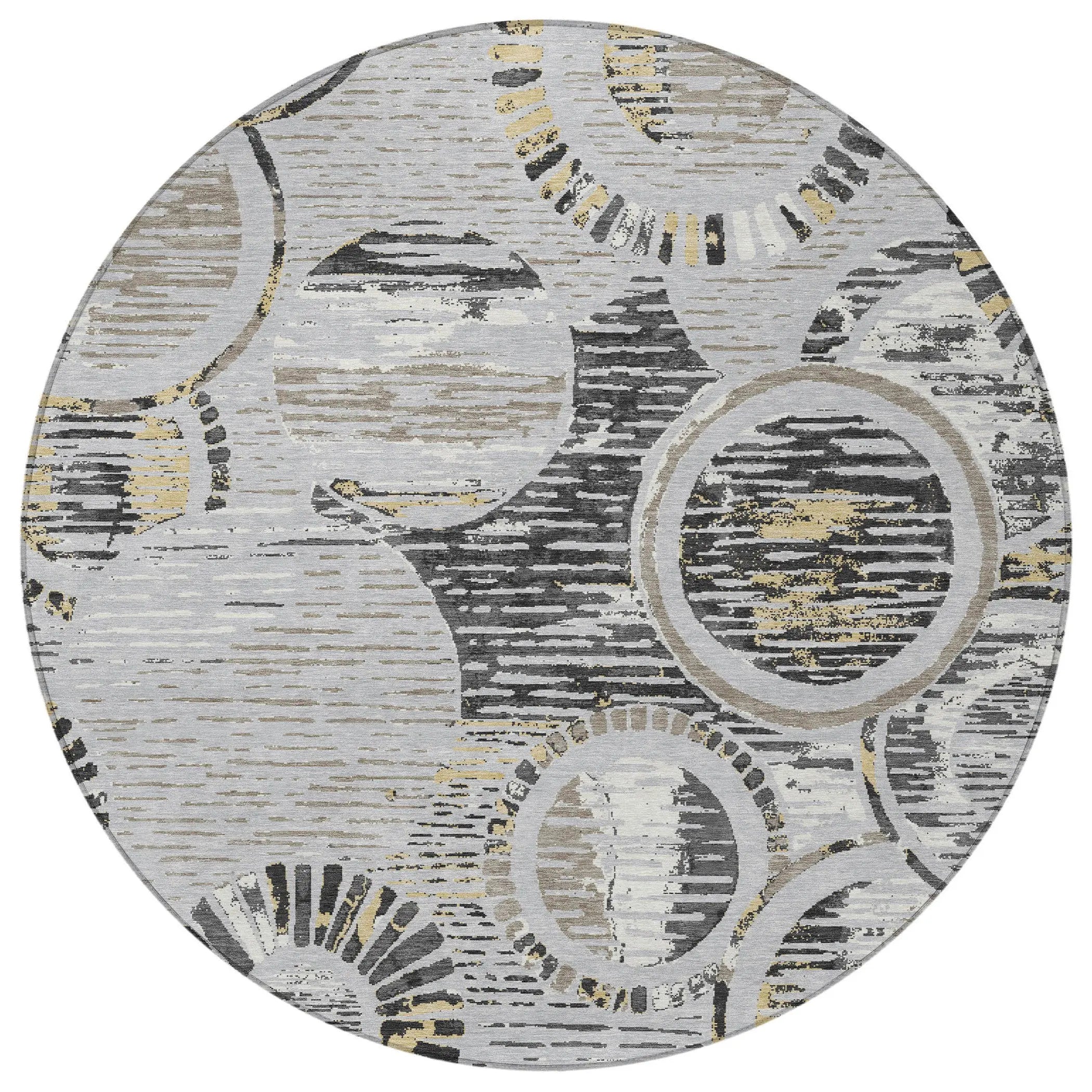 8' Silver And Gray Round Geometric Washable Indoor Outdoor Area Rug Homeroots Outdoor