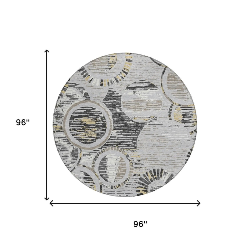 8' Silver And Gray Round Geometric Washable Indoor Outdoor Area Rug Homeroots Outdoor
