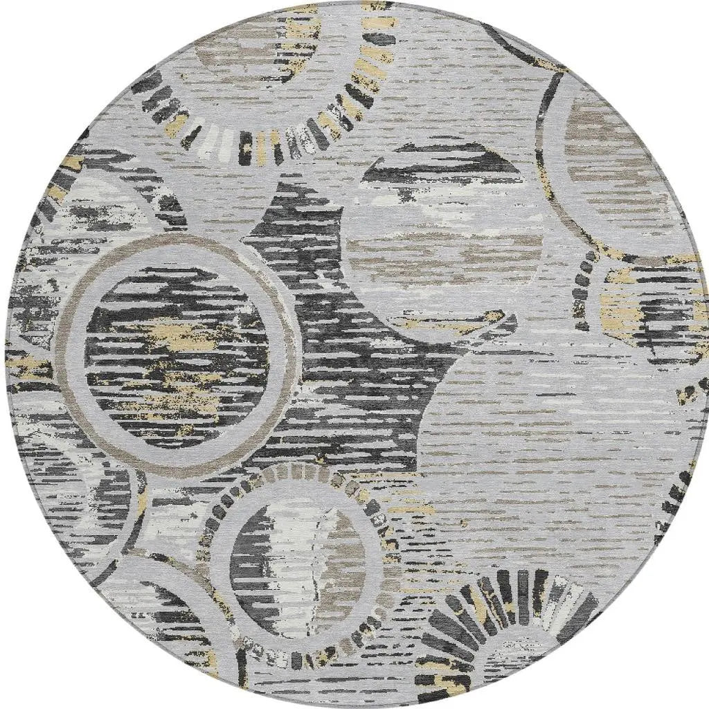 8' Silver And Gray Round Geometric Washable Indoor Outdoor Area Rug Homeroots Outdoor