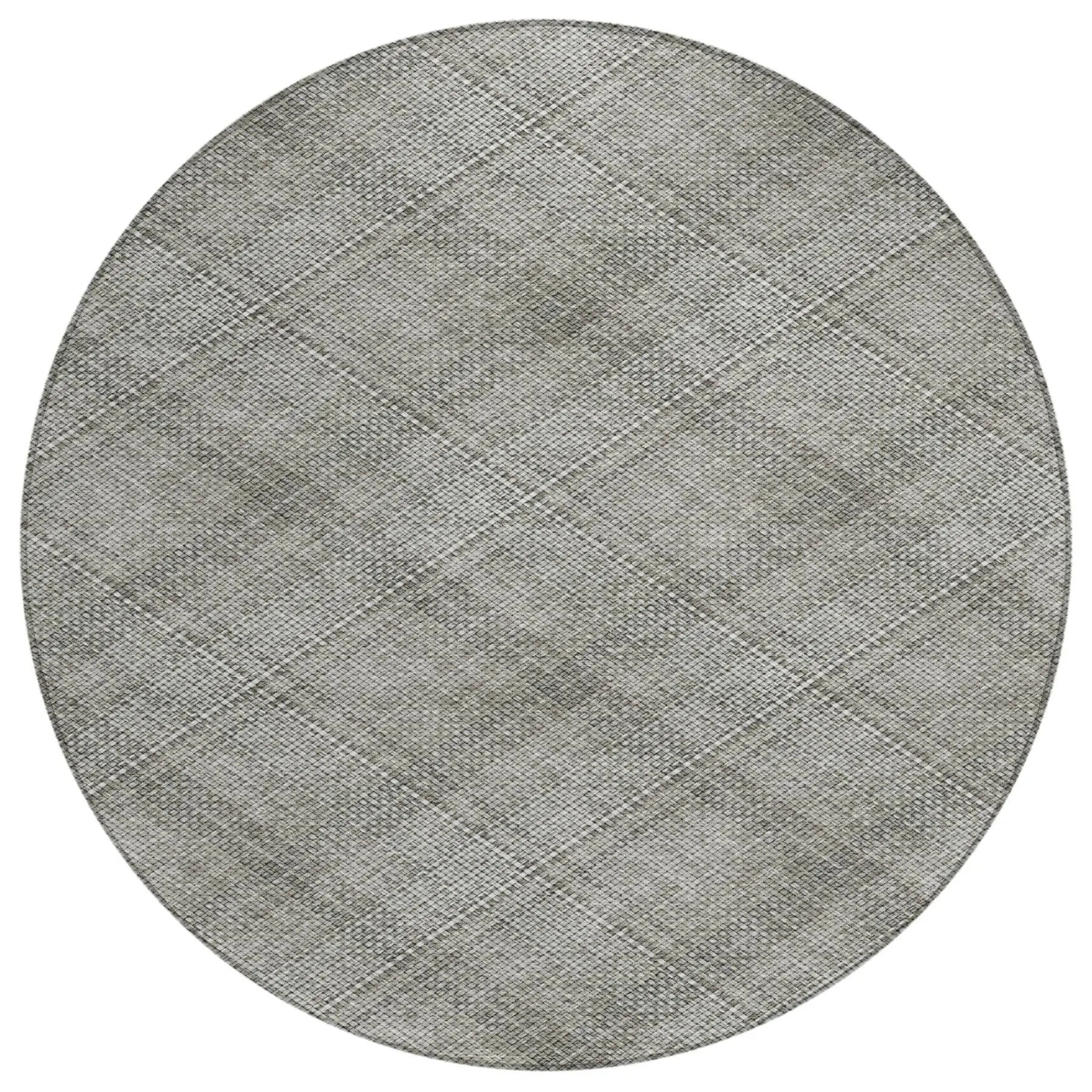 8' Silver And Gray Round Plaid Washable Indoor Outdoor Area Rug Homeroots Outdoor