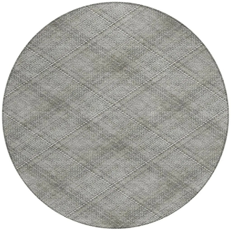 8' Silver And Gray Round Plaid Washable Indoor Outdoor Area Rug Homeroots Outdoor