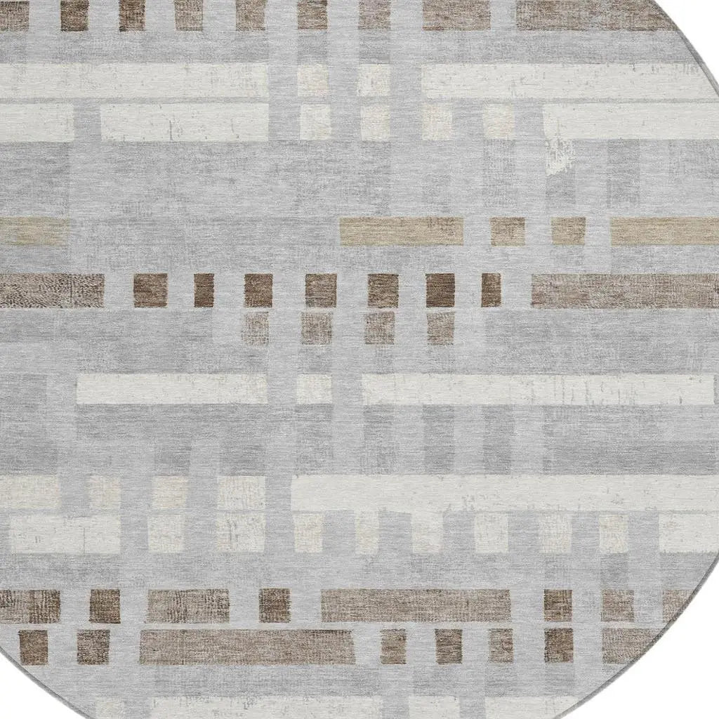 8' Silver And Gray Round Striped Washable Indoor Outdoor Area Rug Homeroots Outdoor