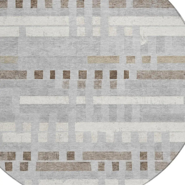 8' Silver And Gray Round Striped Washable Indoor Outdoor Area Rug Homeroots Outdoor