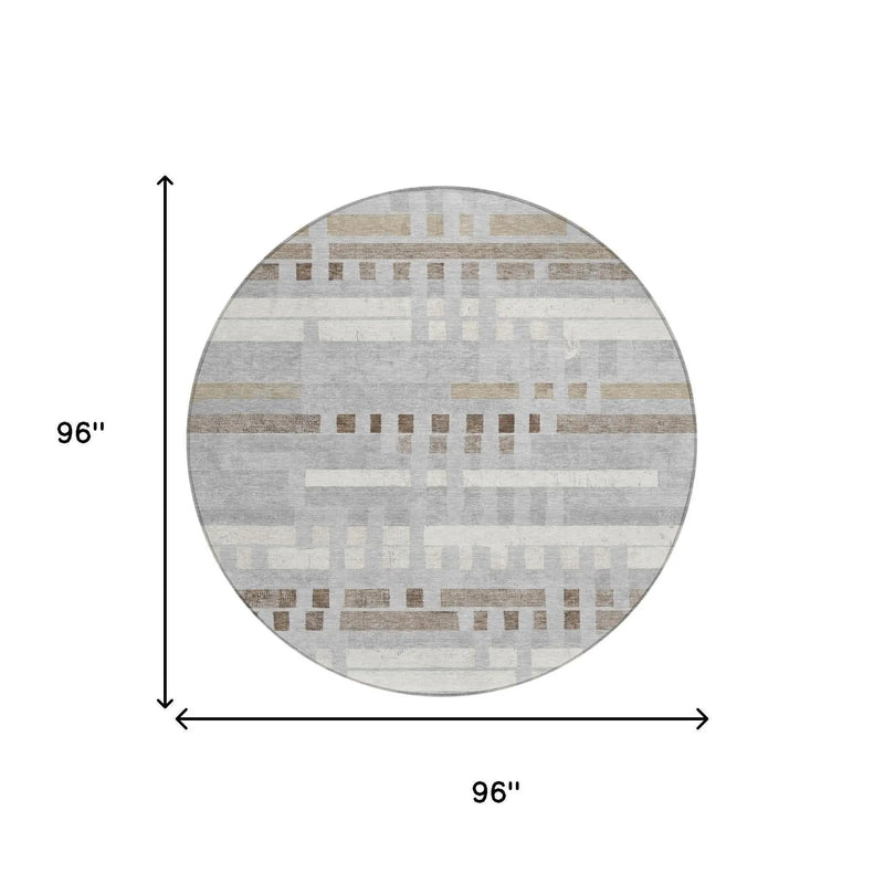 8' Silver And Gray Round Striped Washable Indoor Outdoor Area Rug Homeroots Outdoor