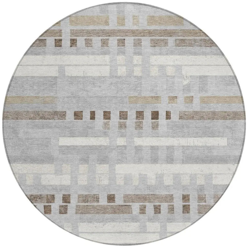 8' Silver And Gray Round Striped Washable Indoor Outdoor Area Rug Homeroots Outdoor