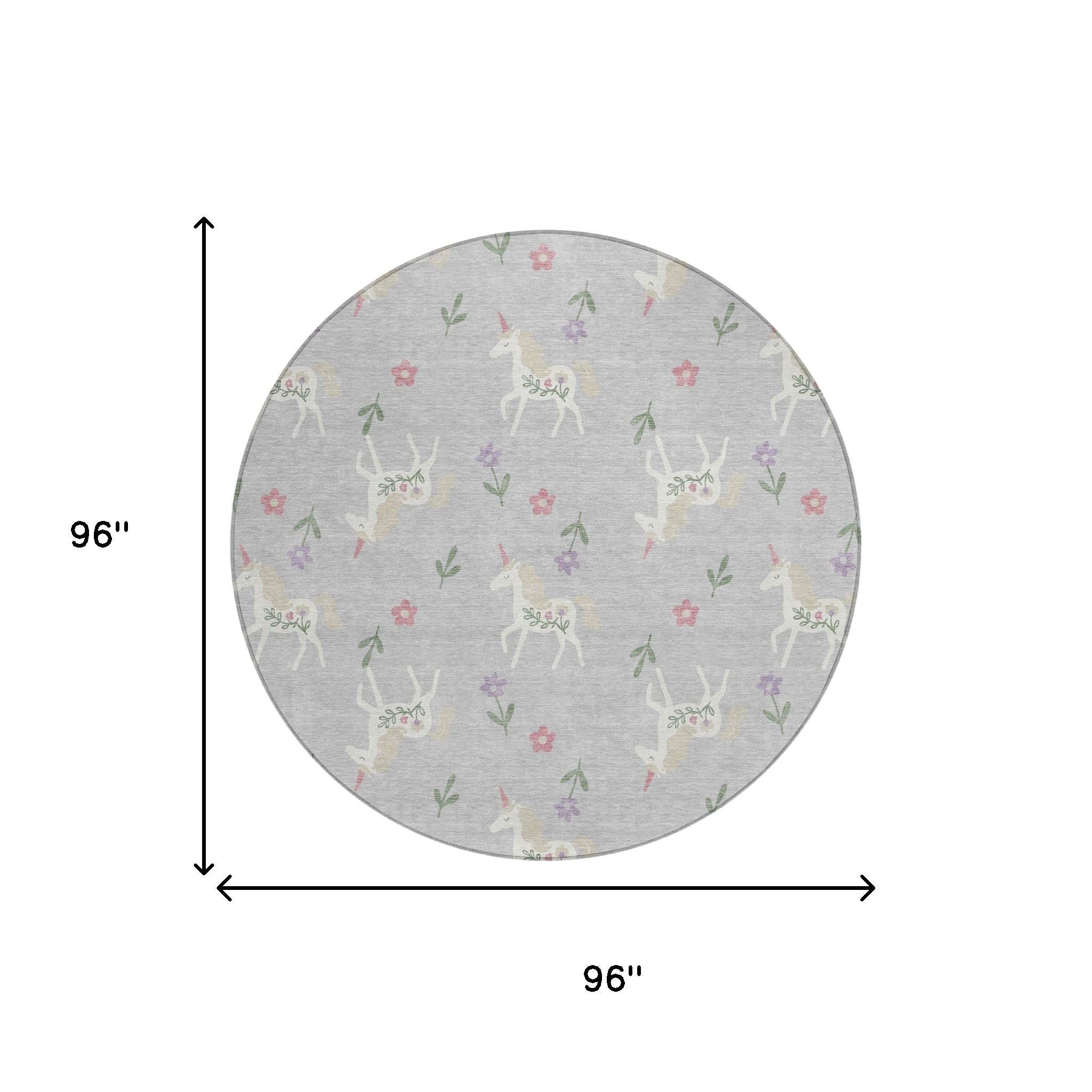 8' Silver And Ivory Round Floral Washable Indoor Outdoor Area Rug Homeroots Outdoor