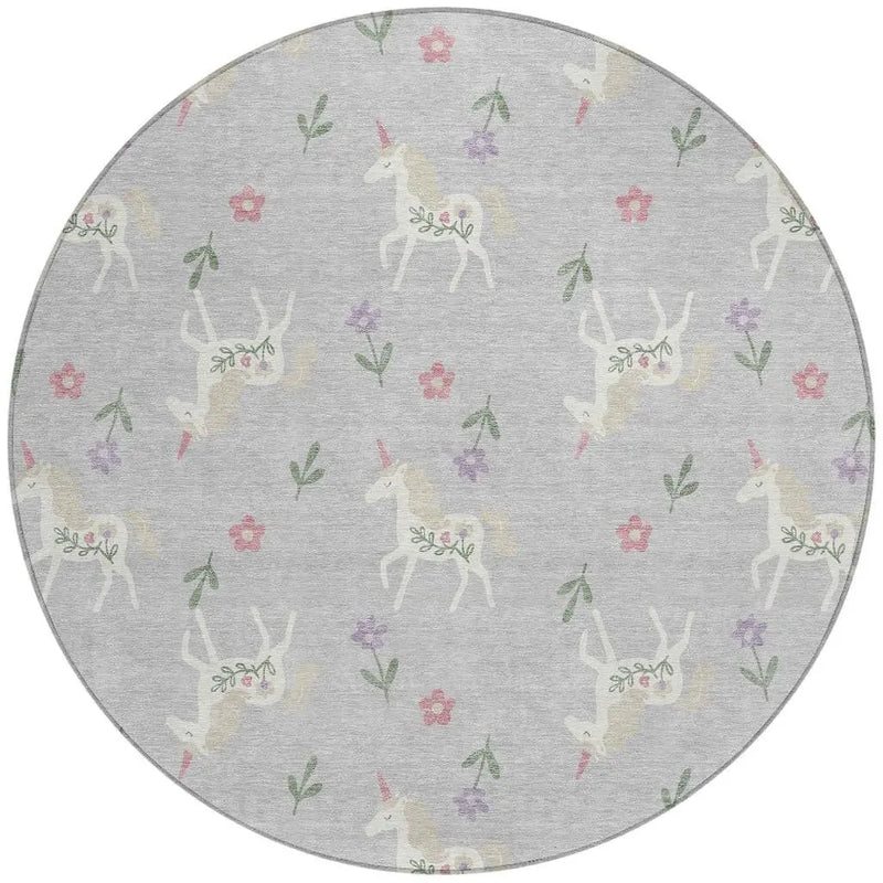 8' Silver And Ivory Round Floral Washable Indoor Outdoor Area Rug Homeroots Outdoor