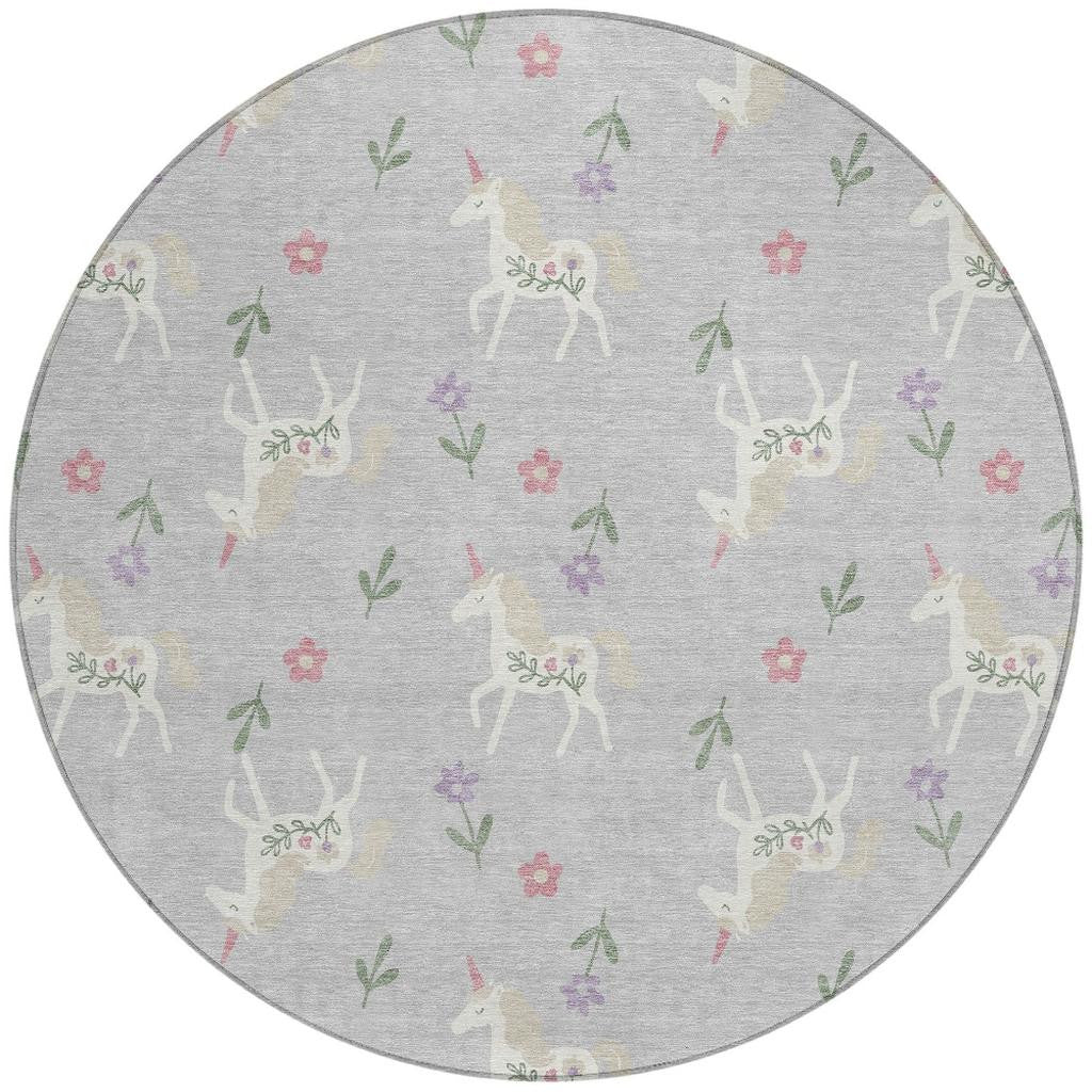 8' Silver And Ivory Round Floral Washable Indoor Outdoor Area Rug Homeroots Outdoor