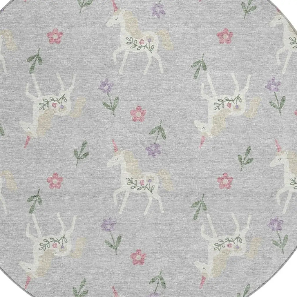 8' Silver And Ivory Round Floral Washable Indoor Outdoor Area Rug Homeroots Outdoor