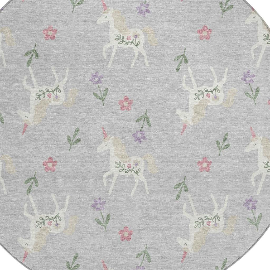 8' Silver And Ivory Round Floral Washable Indoor Outdoor Area Rug Homeroots Outdoor