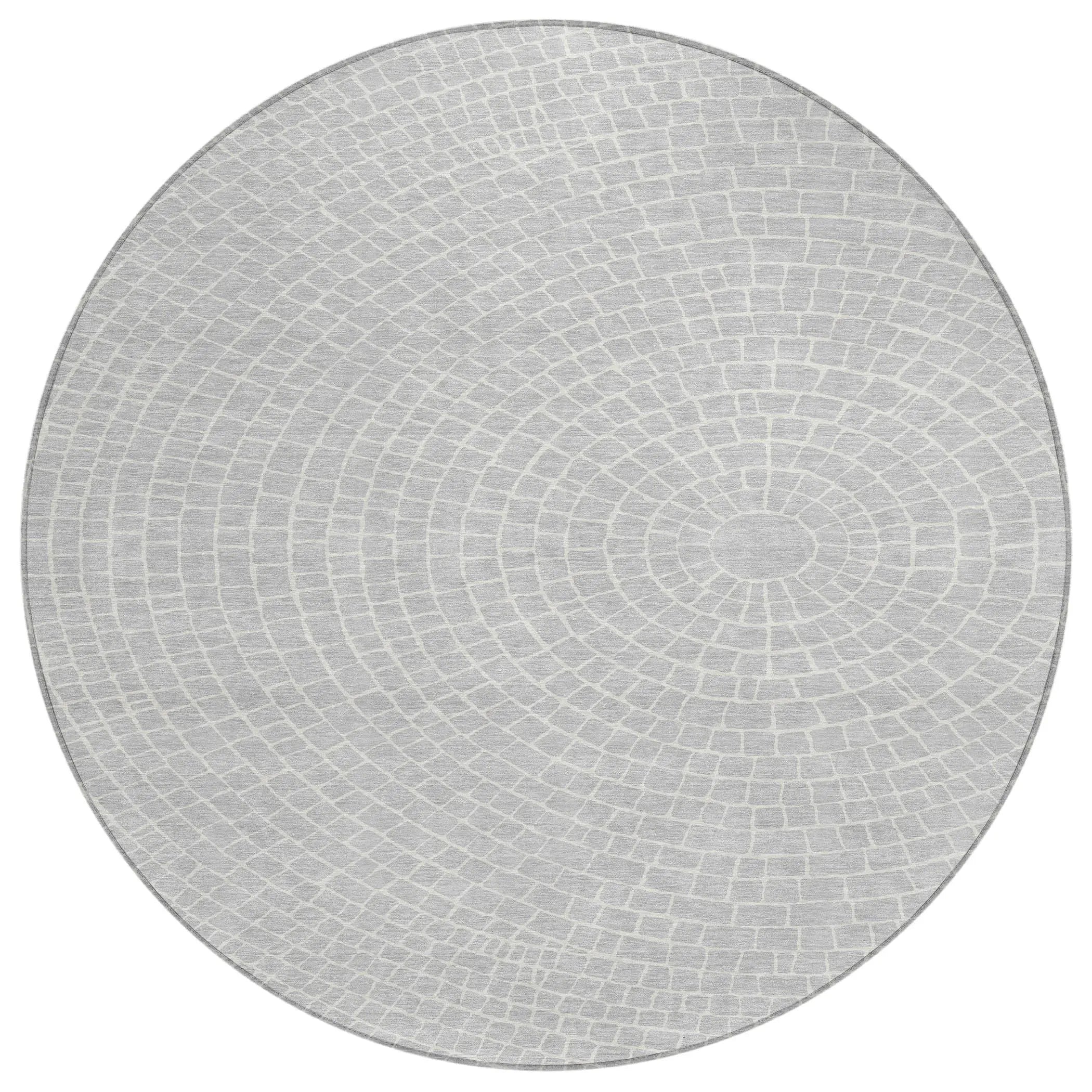 8' Silver And Ivory Round Geometric Washable Indoor Outdoor Area Rug Homeroots Outdoor