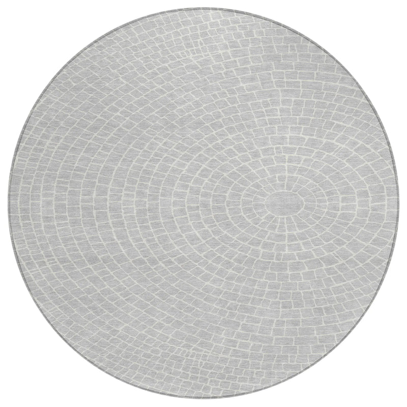 8' Silver And Ivory Round Geometric Washable Indoor Outdoor Area Rug Homeroots Outdoor