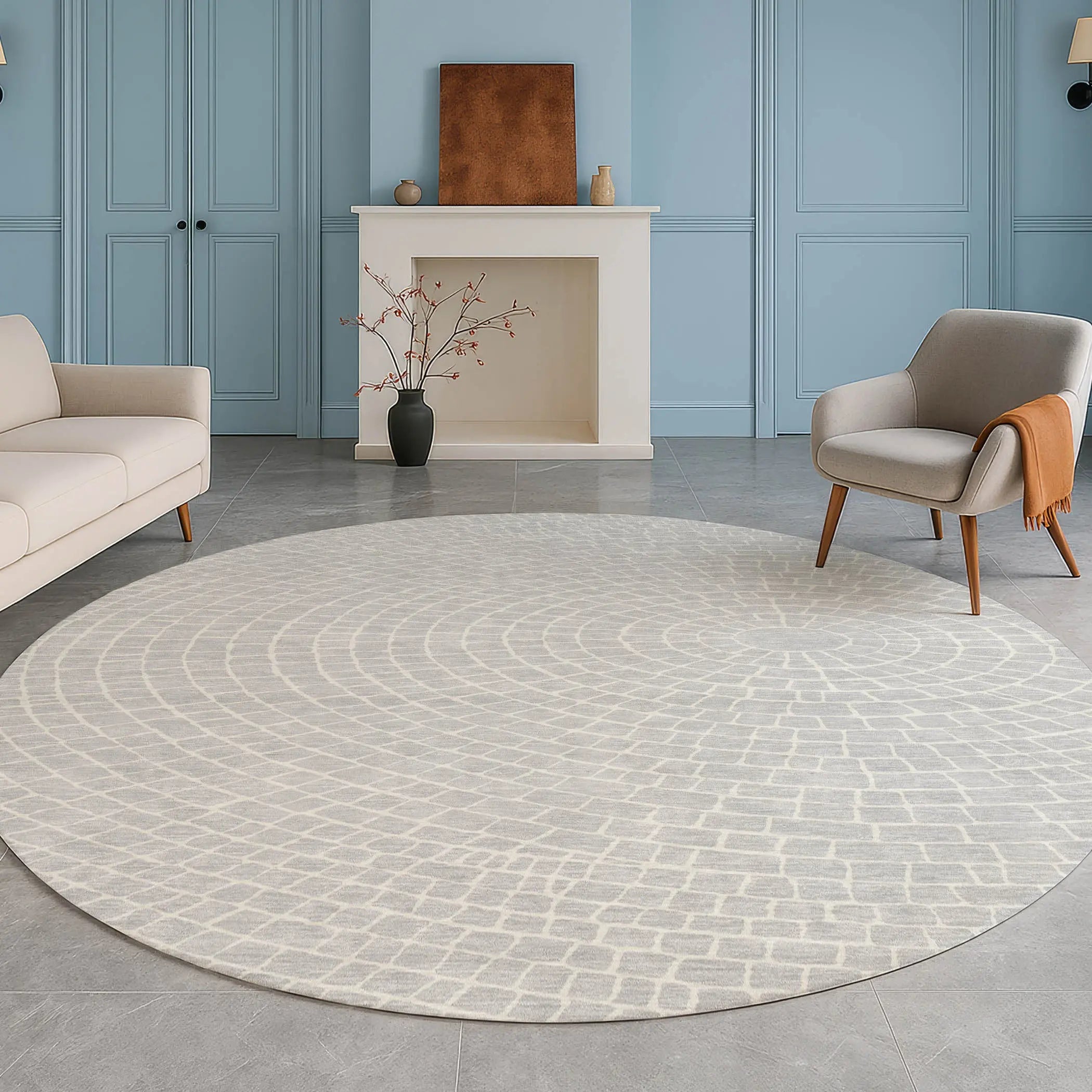 8' Silver And Ivory Round Geometric Washable Indoor Outdoor Area Rug Homeroots Outdoor