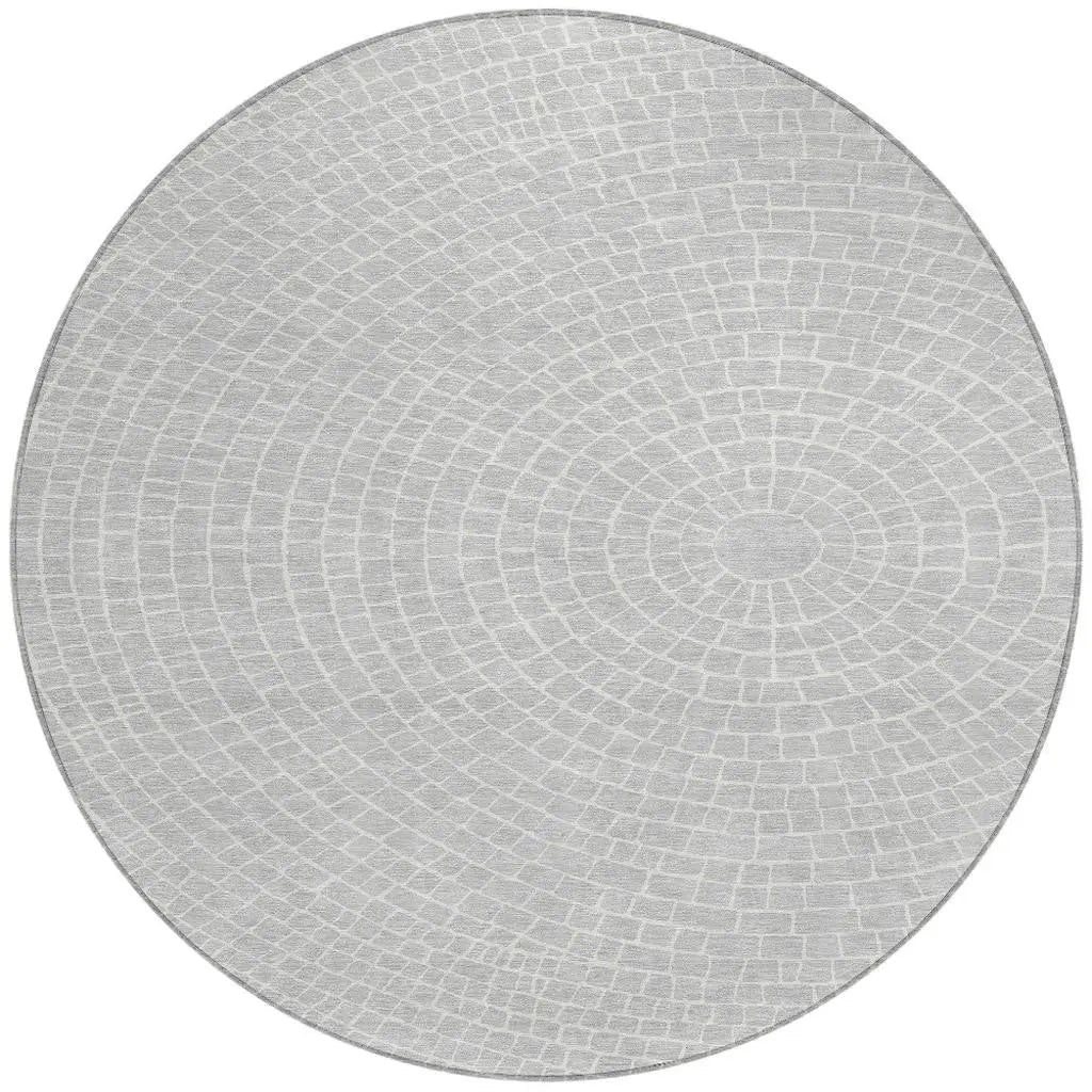 8' Silver And Ivory Round Geometric Washable Indoor Outdoor Area Rug Homeroots Outdoor
