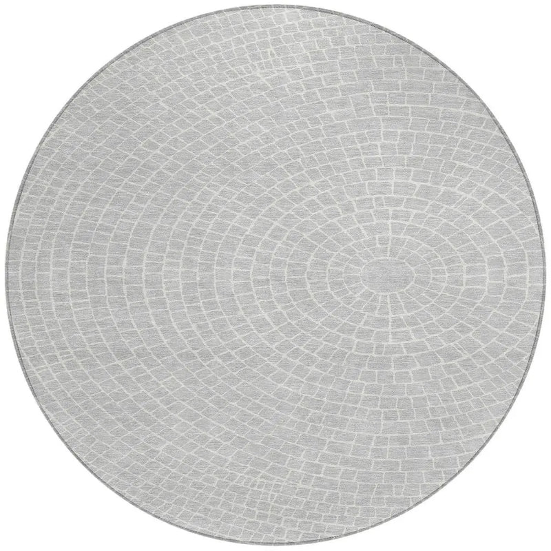 8' Silver And Ivory Round Geometric Washable Indoor Outdoor Area Rug Homeroots Outdoor