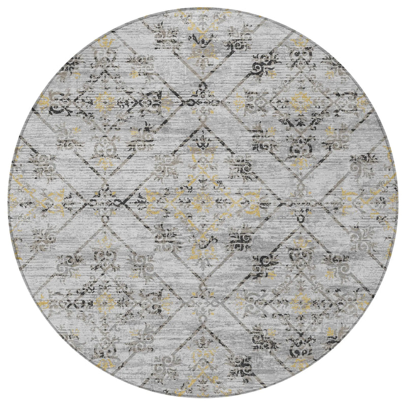 8' Silver And Ivory Round Geometric Washable Indoor Outdoor Area Rug Homeroots Outdoor