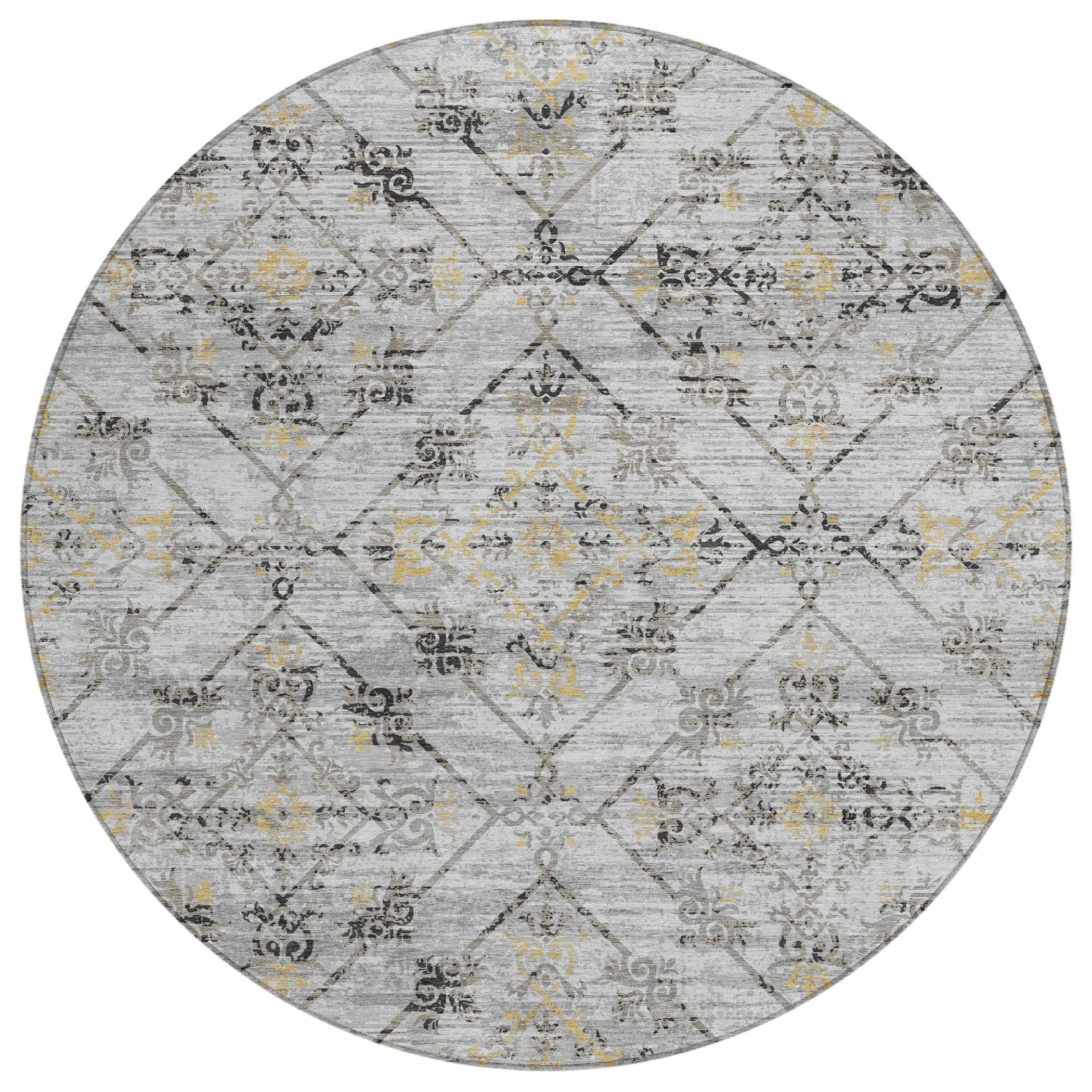 8' Silver And Ivory Round Geometric Washable Indoor Outdoor Area Rug Homeroots Outdoor