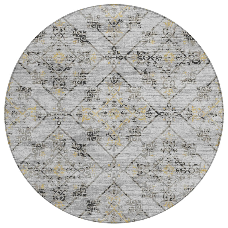 8' Silver And Ivory Round Geometric Washable Indoor Outdoor Area Rug Homeroots Outdoor