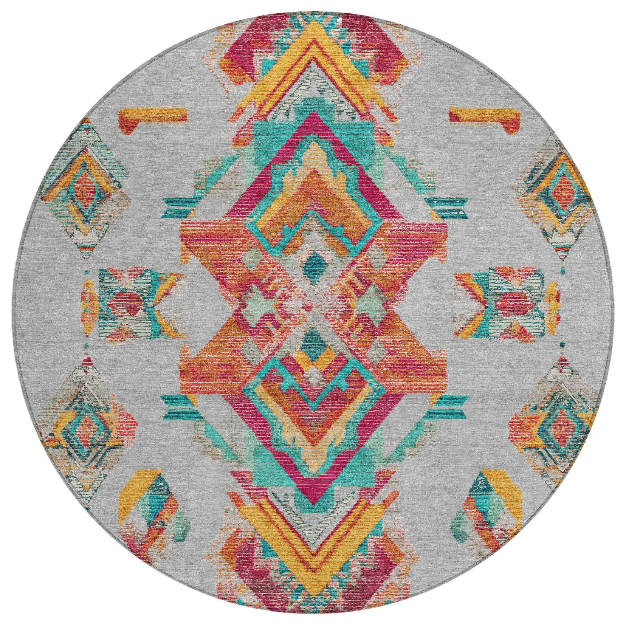 8' Silver And Ivory Round Tribal Washable Indoor Outdoor Area Rug Homeroots Outdoor