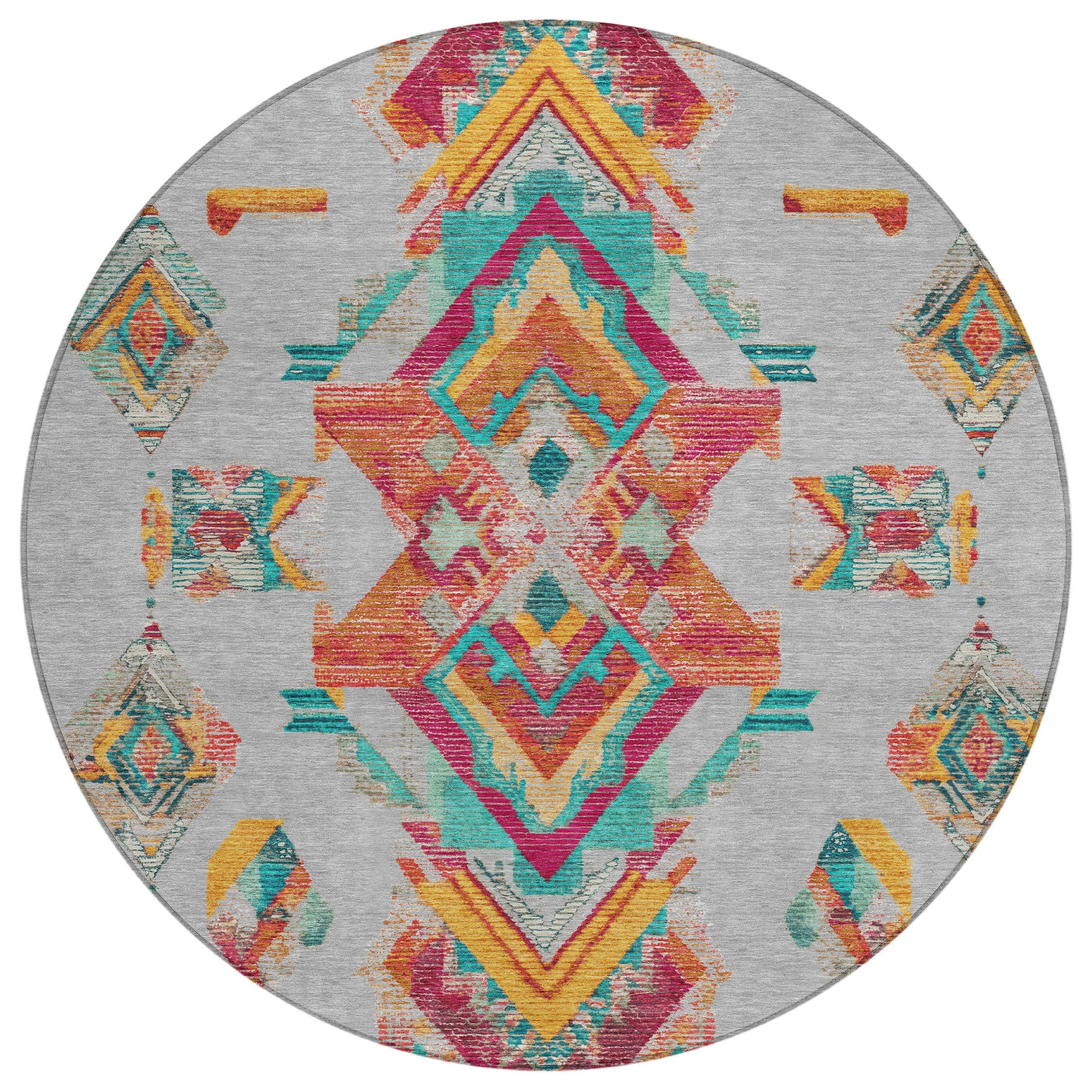 8' Silver And Ivory Round Tribal Washable Indoor Outdoor Area Rug Homeroots Outdoor