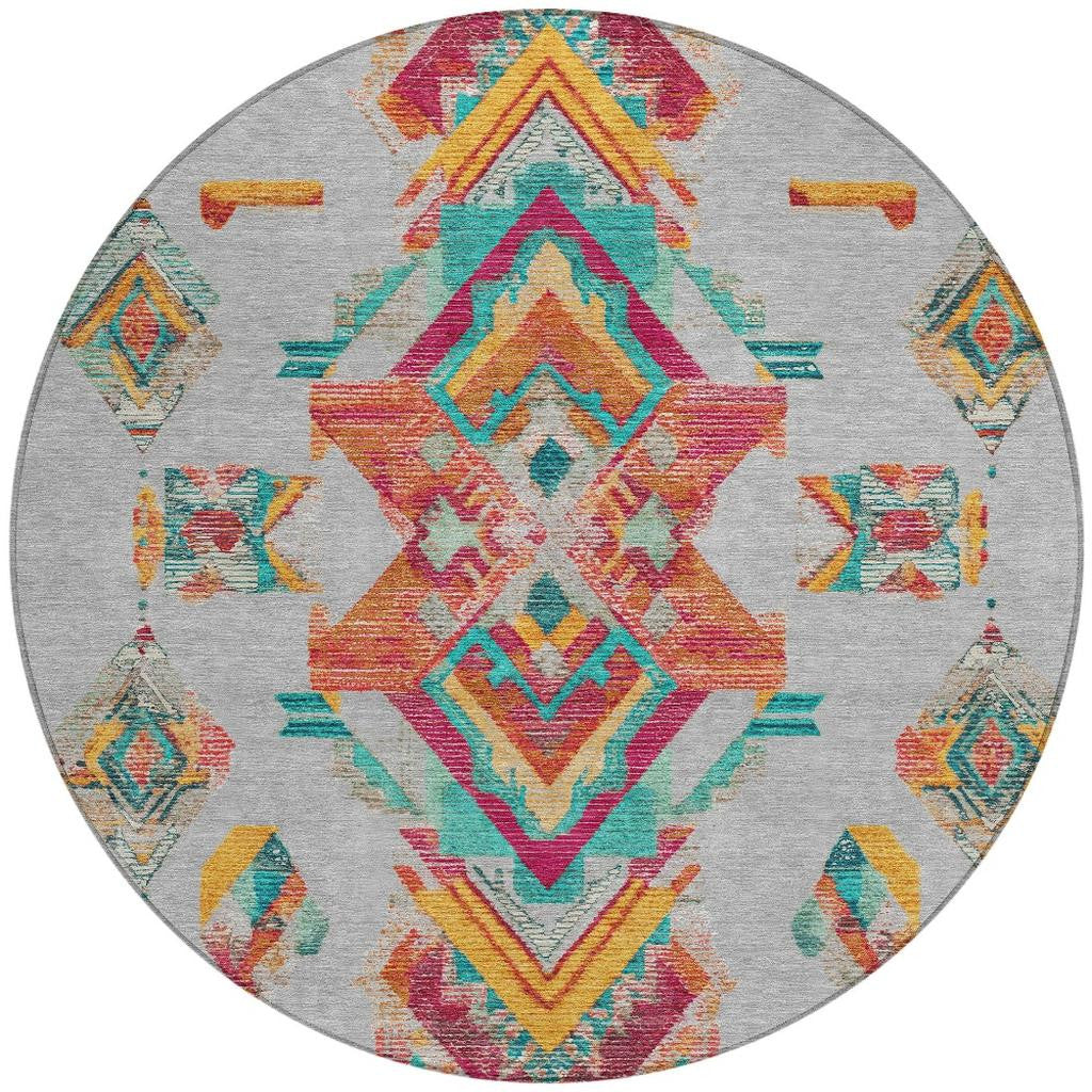 8' Silver And Ivory Round Tribal Washable Indoor Outdoor Area Rug Homeroots Outdoor