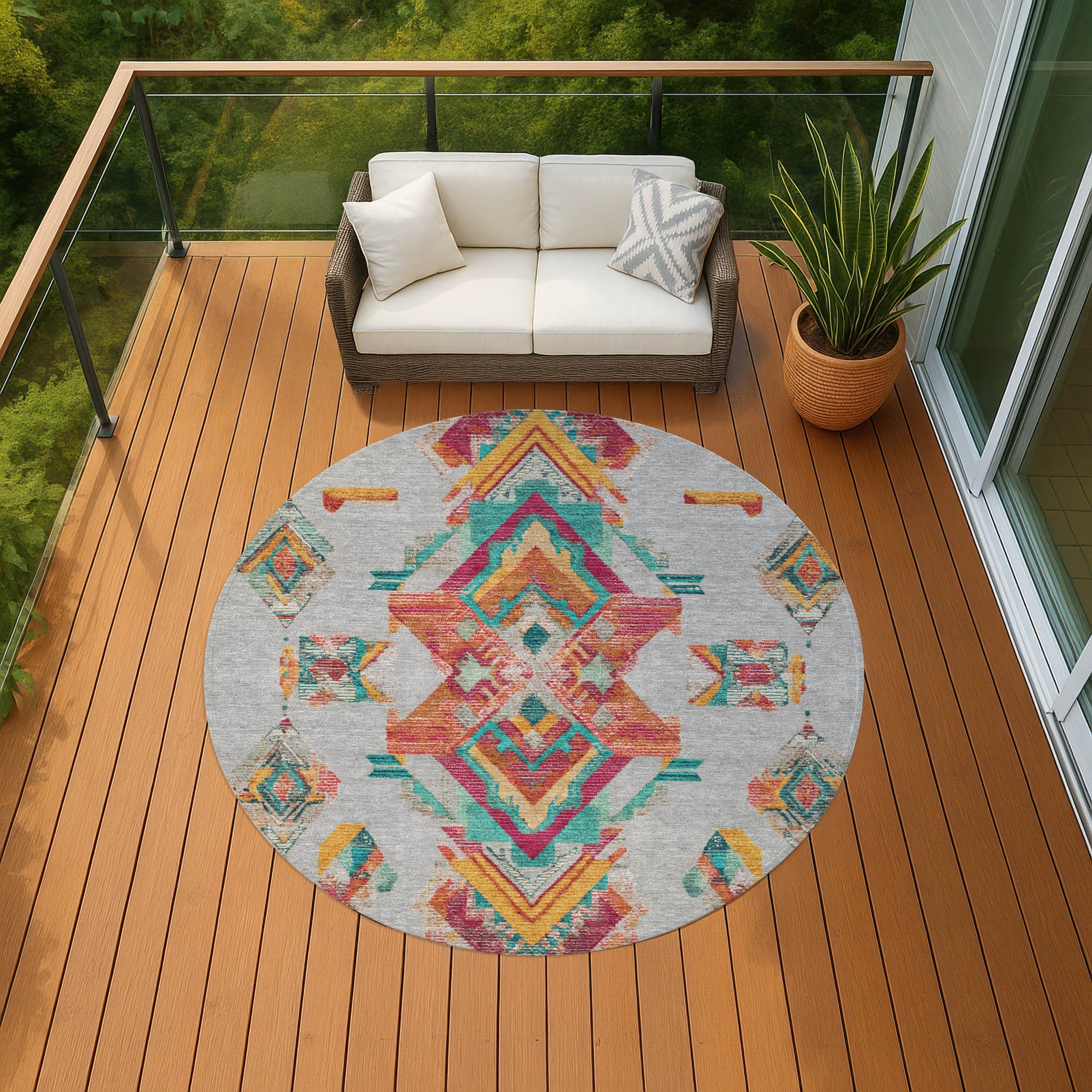 8' Silver And Ivory Round Tribal Washable Indoor Outdoor Area Rug Homeroots Outdoor