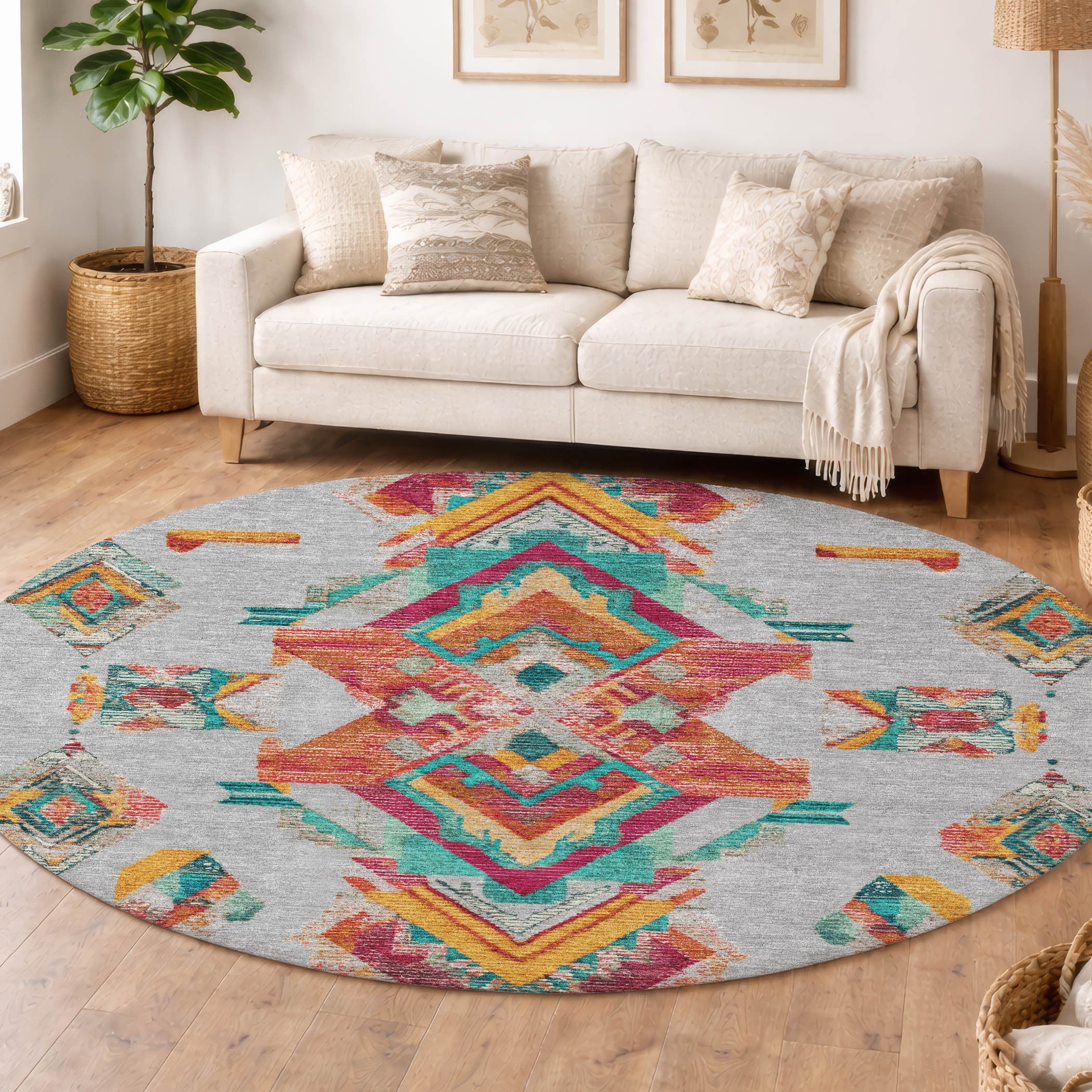 8' Silver And Ivory Round Tribal Washable Indoor Outdoor Area Rug Homeroots Outdoor