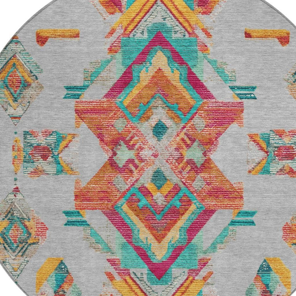 8' Silver And Ivory Round Tribal Washable Indoor Outdoor Area Rug Homeroots Outdoor