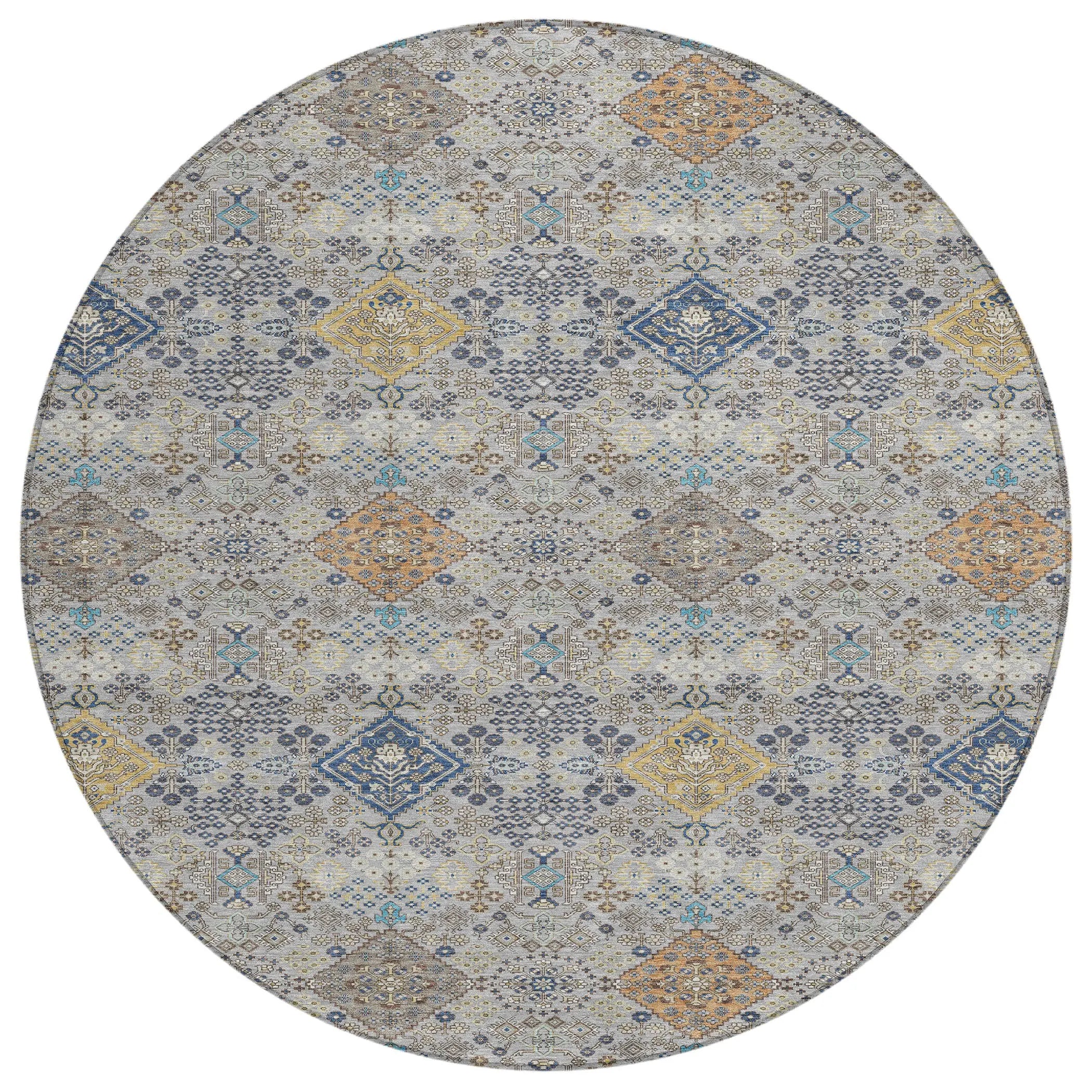 8' Silver And Navy Blue Round Oriental Washable Indoor Outdoor Area Rug Homeroots Outdoor