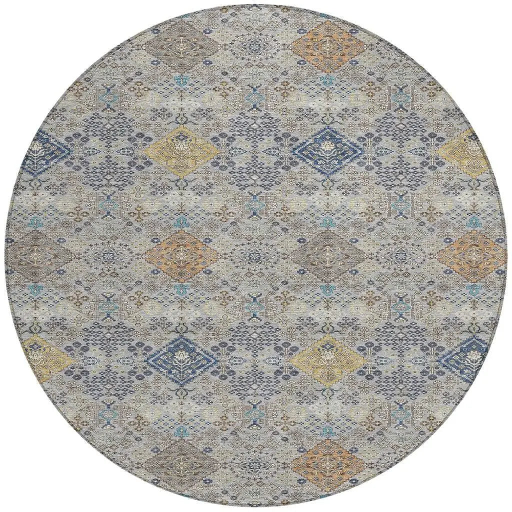 8' Silver And Navy Blue Round Oriental Washable Indoor Outdoor Area Rug Homeroots Outdoor