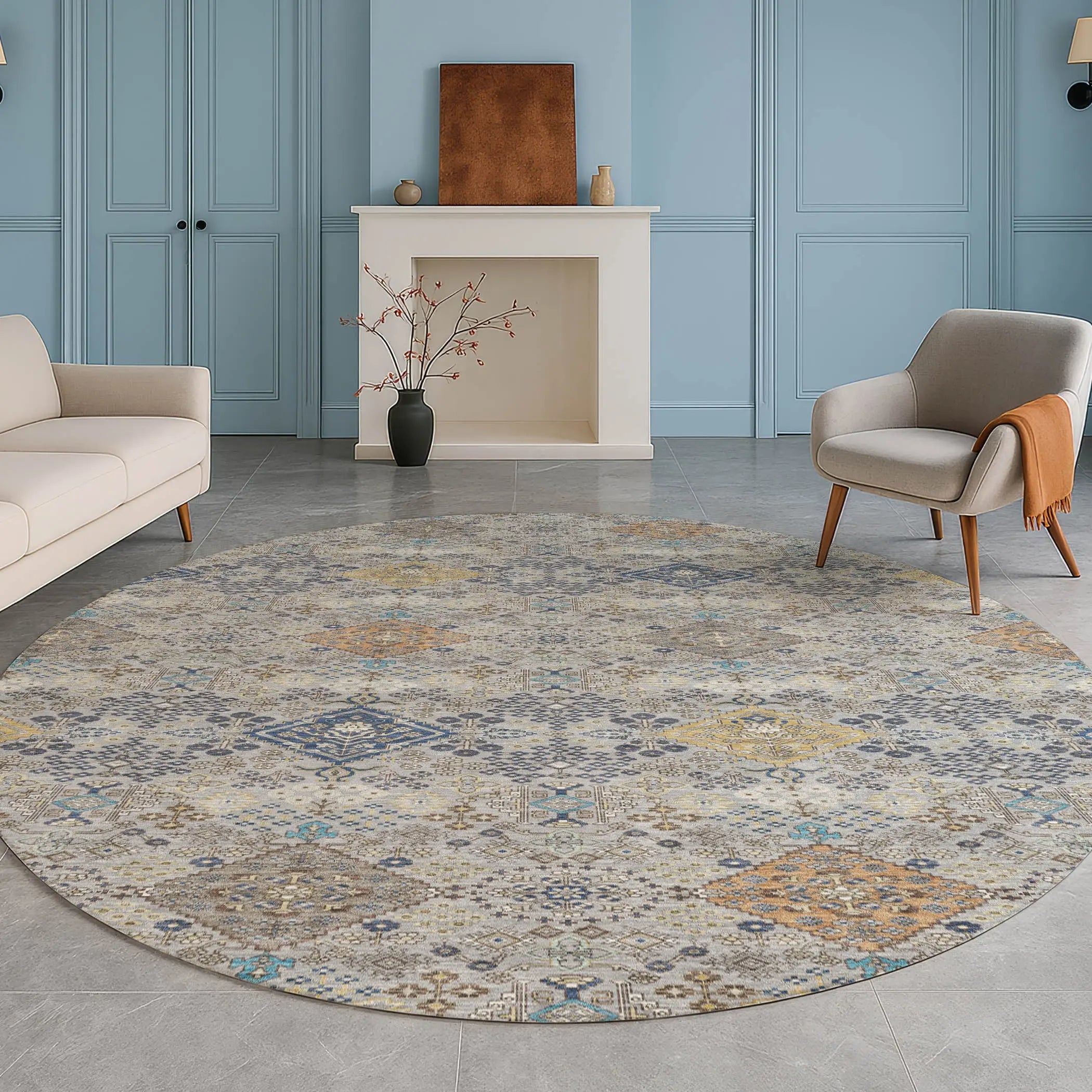 8' Silver And Navy Blue Round Oriental Washable Indoor Outdoor Area Rug Homeroots Outdoor