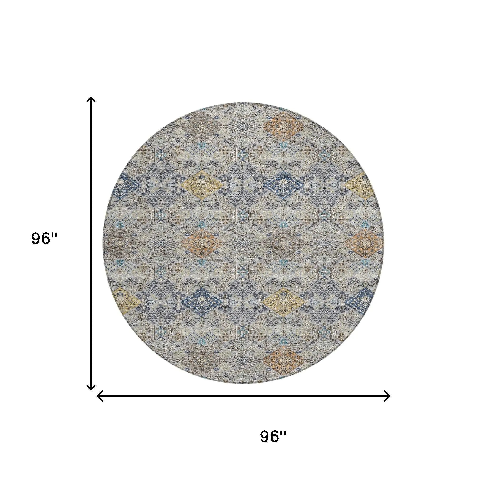 8' Silver And Navy Blue Round Oriental Washable Indoor Outdoor Area Rug Homeroots Outdoor