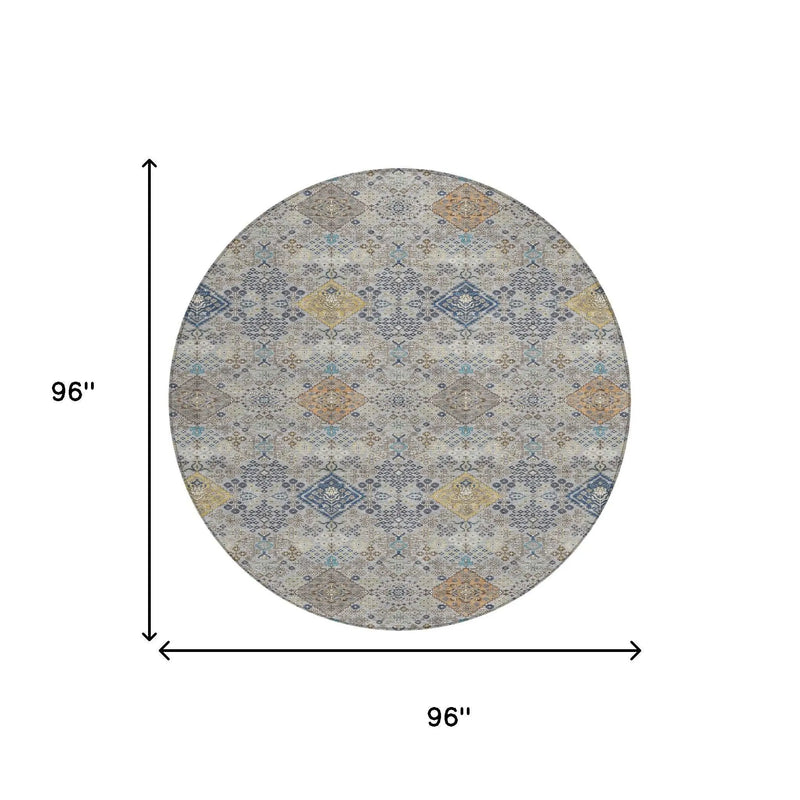 8' Silver And Navy Blue Round Oriental Washable Indoor Outdoor Area Rug Homeroots Outdoor