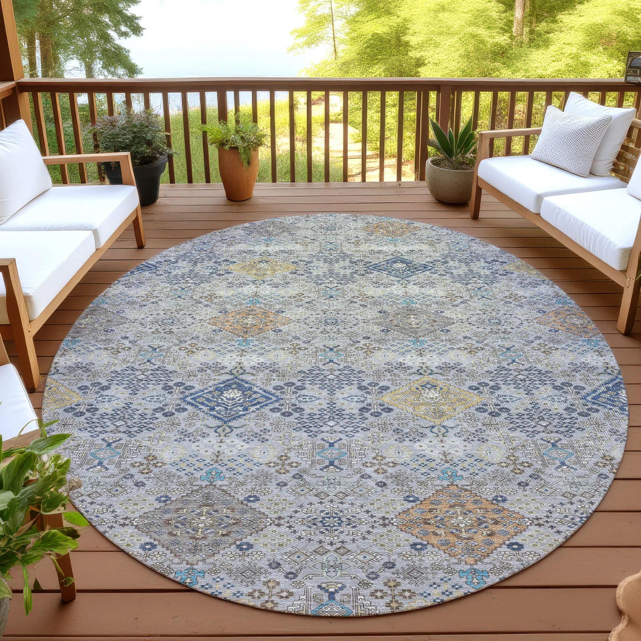 8' Silver And Navy Blue Round Oriental Washable Indoor Outdoor Area Rug Homeroots Outdoor