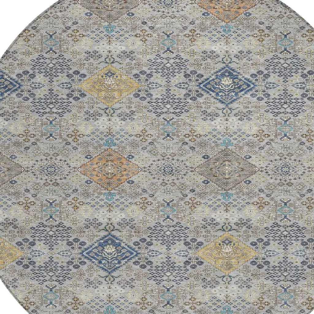 8' Silver And Navy Blue Round Oriental Washable Indoor Outdoor Area Rug Homeroots Outdoor