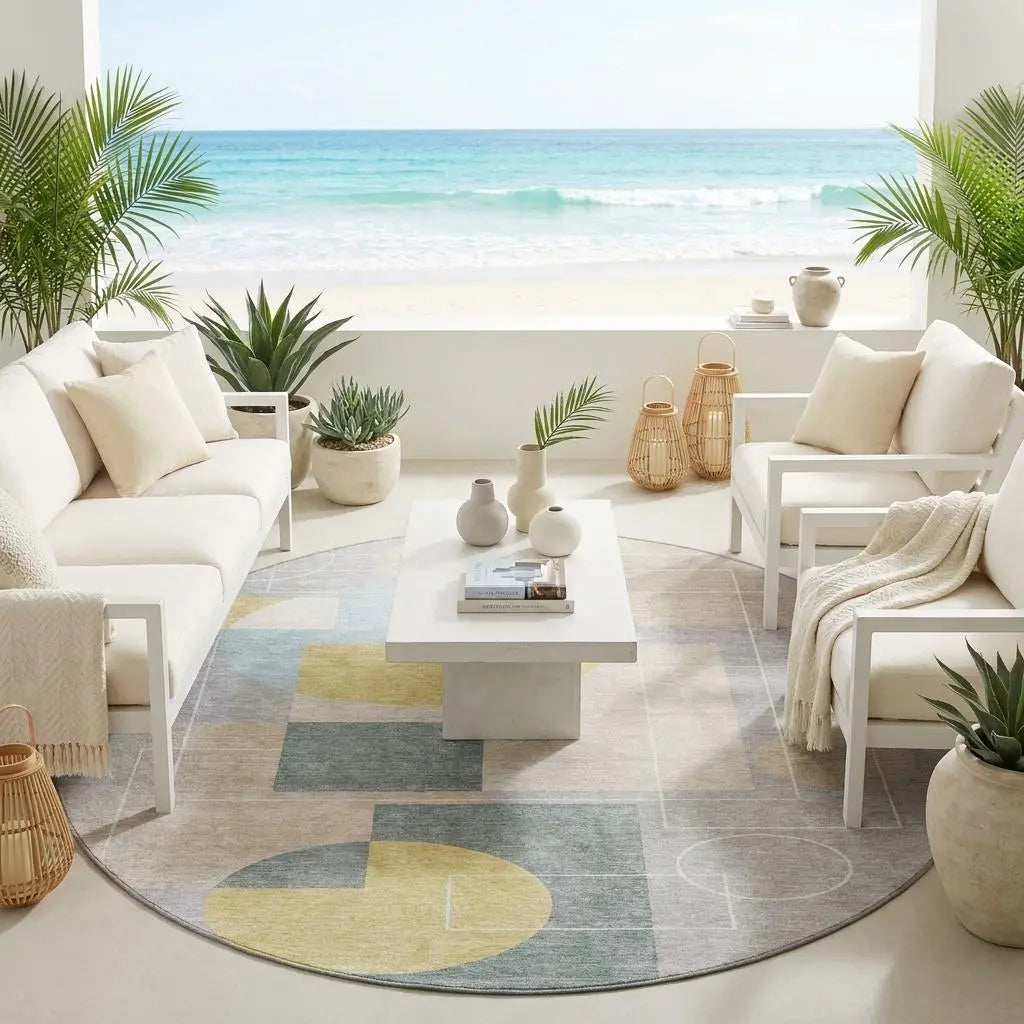 8' Silver And Sky Blue Round Geometric Washable Indoor Outdoor Area Rug Homeroots Outdoor