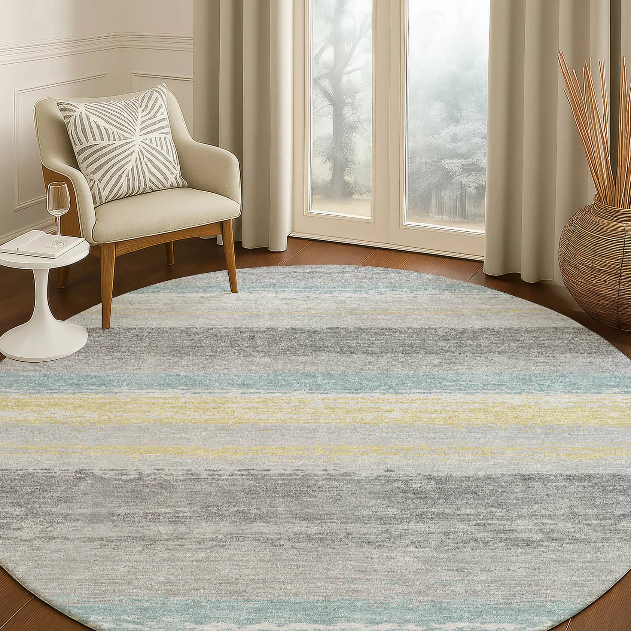 8' Silver And Taupe Round Striped Washable Indoor Outdoor Area Rug Homeroots Outdoor