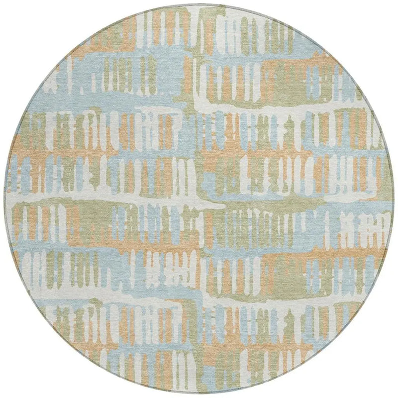 8' Sky Blue And Beige Round Abstract Washable Indoor Outdoor Area Rug Homeroots Outdoor